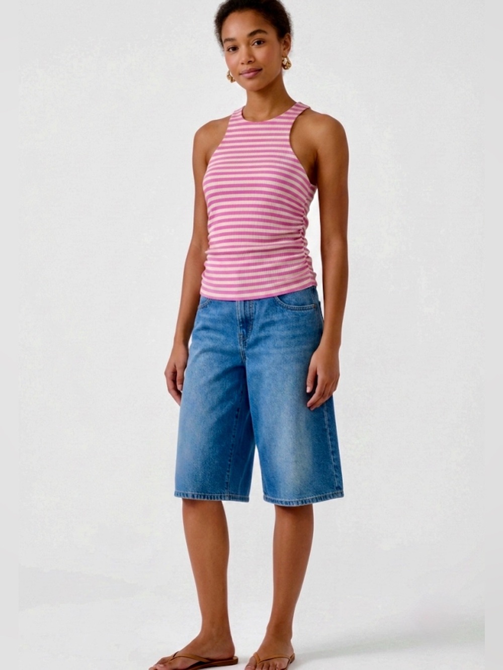 AFRM Pink White Striped Side Ruched Ribbed High Neck Tank Top M